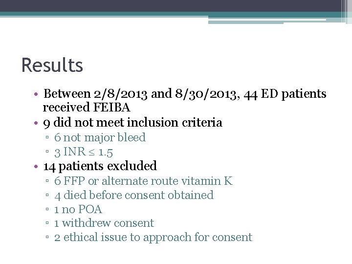 Results • Between 2/8/2013 and 8/30/2013, 44 ED patients received FEIBA • 9 did