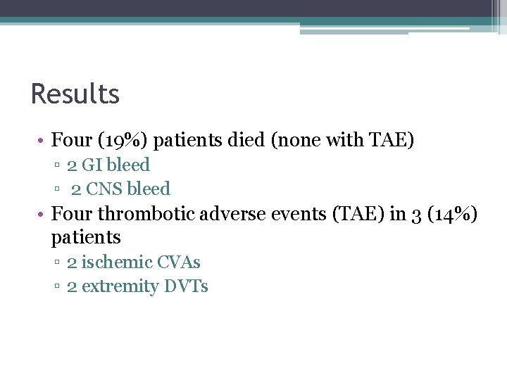 Results • Four (19%) patients died (none with TAE) ▫ 2 GI bleed ▫