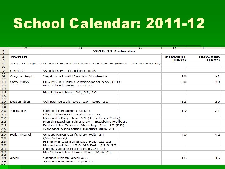 School Calendar: 2011 -12 