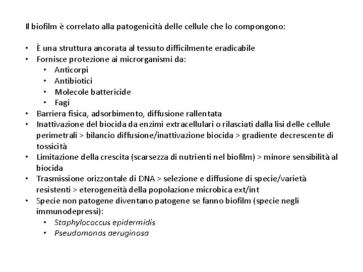 Il biofilm è correlato alla patogenicità delle cellule che lo compongono: • È una