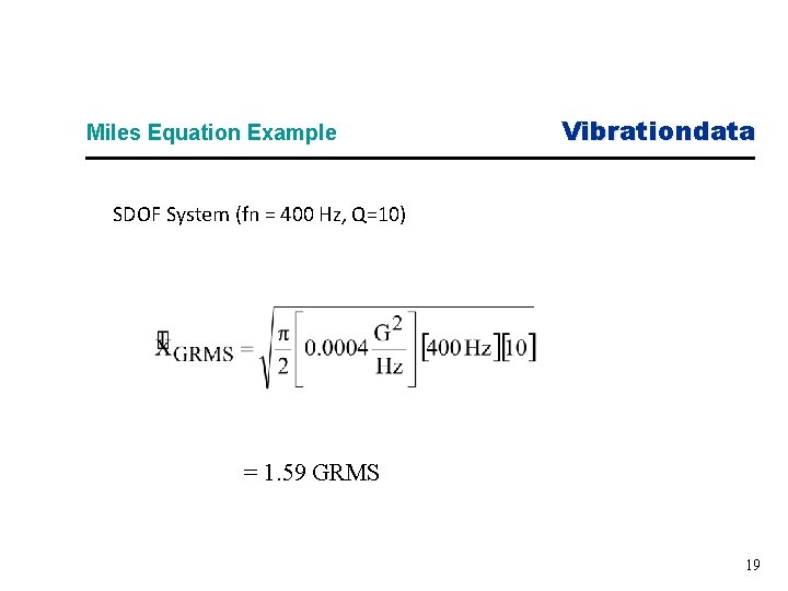 Miles Equation Example Vibrationdata SDOF System (fn = 400 Hz, Q=10) = 1. 59