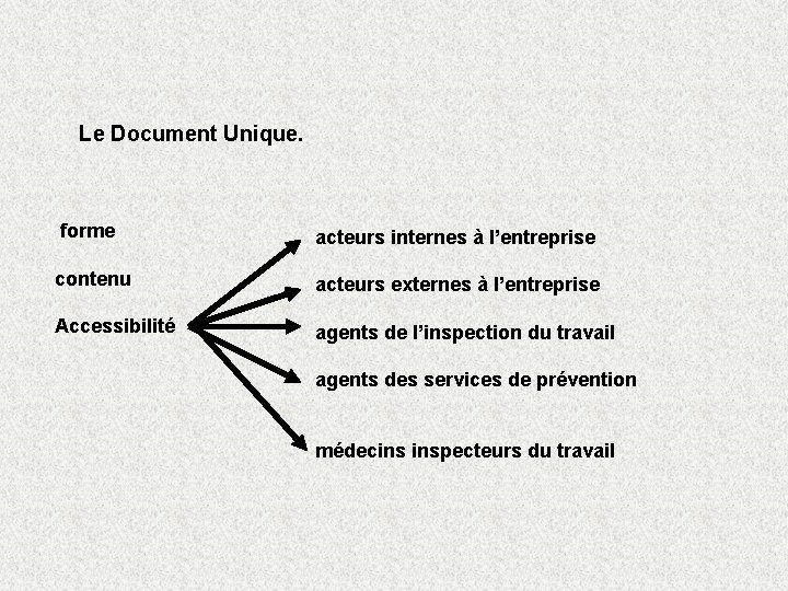 Le Document Unique. forme acteurs internes à l’entreprise contenu acteurs externes à l’entreprise Accessibilité