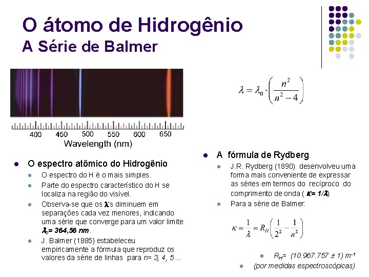 O átomo de Hidrogênio A Série de Balmer l O espectro atômico do Hidrogênio