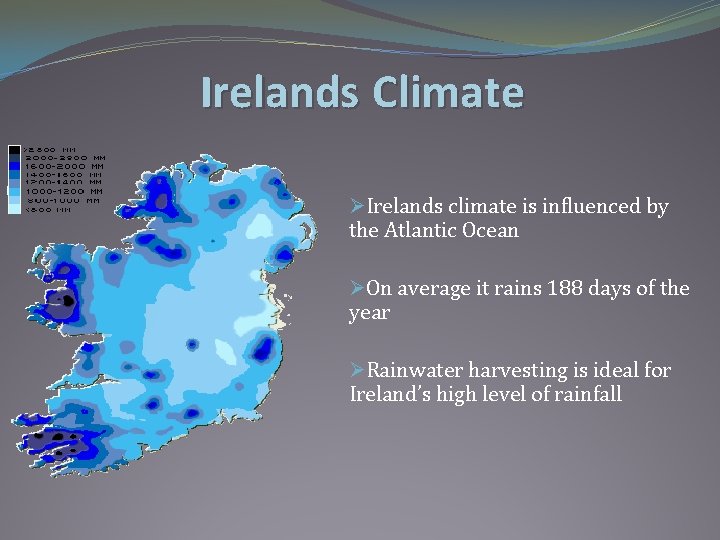 Irelands Climate ØIrelands climate is influenced by the Atlantic Ocean ØOn average it rains