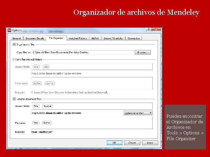 Organizador de archivos de Mendeley Puedes encontrar el Organizador de Archivos en Tools >