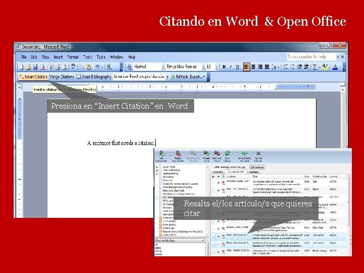 Citando en Word & Open Office Presiona en “Insert Citation” en Word Resalta el/los