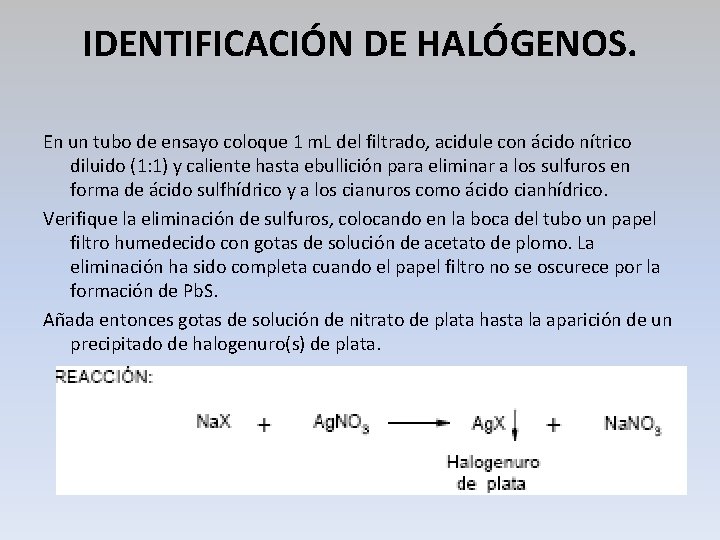 IDENTIFICACIÓN DE HALÓGENOS. En un tubo de ensayo coloque 1 m. L del filtrado,