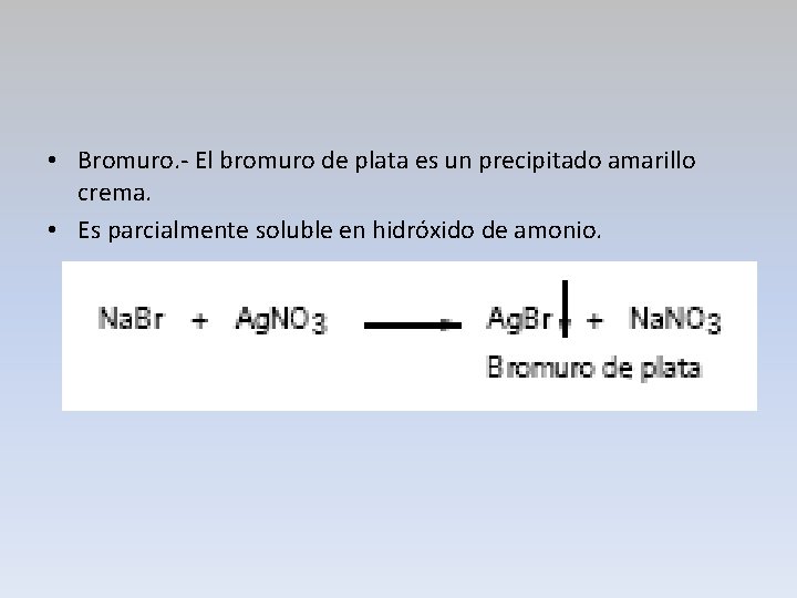  • Bromuro. - El bromuro de plata es un precipitado amarillo crema. •