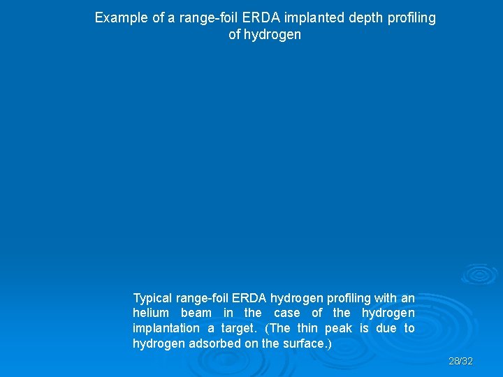 Example of a range-foil ERDA implanted depth profiling of hydrogen Typical range-foil ERDA hydrogen