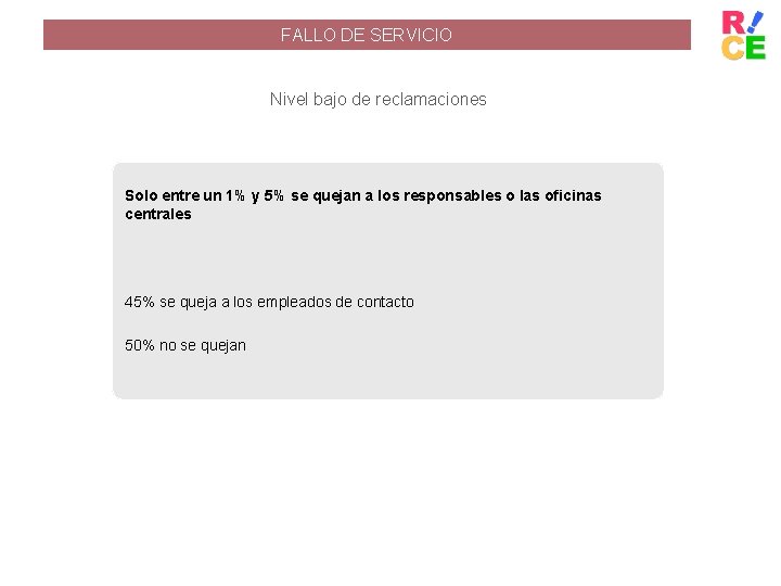 FALLO DE SERVICIO Nivel bajo de reclamaciones Solo entre un 1% y 5% se