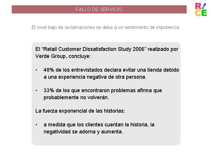 FALLO DE SERVICIO El nivel bajo de reclamaciones se debe a un sentimiento de