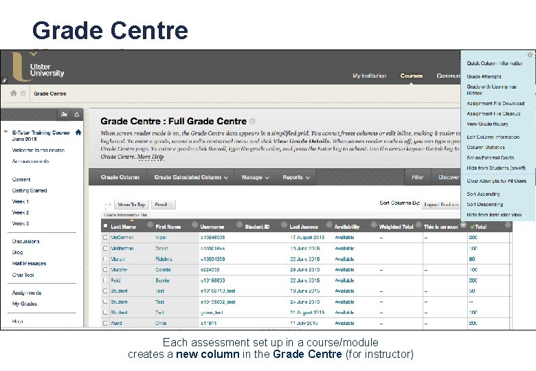 Grade Centre Manage Assessments Each assessment set up in a course/module creates a new
