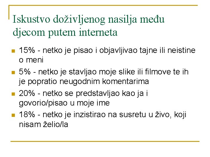 Iskustvo doživljenog nasilja među djecom putem interneta n n 15% - netko je pisao Iskustvo doživljenog nasilja među djecom putem interneta n n 15% - netko je pisao