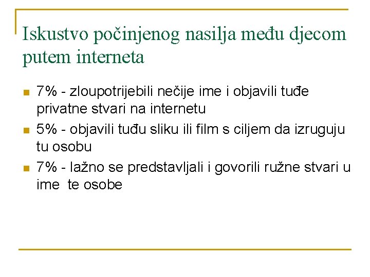 Iskustvo počinjenog nasilja među djecom putem interneta n n n 7% - zloupotrijebili nečije Iskustvo počinjenog nasilja među djecom putem interneta n n n 7% - zloupotrijebili nečije