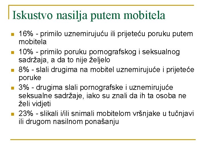 Iskustvo nasilja putem mobitela n n n 16% - primilo uznemirujuću ili prijeteću poruku Iskustvo nasilja putem mobitela n n n 16% - primilo uznemirujuću ili prijeteću poruku