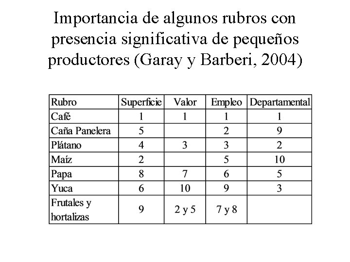 Importancia de algunos rubros con presencia significativa de pequeños productores (Garay y Barberi, 2004)