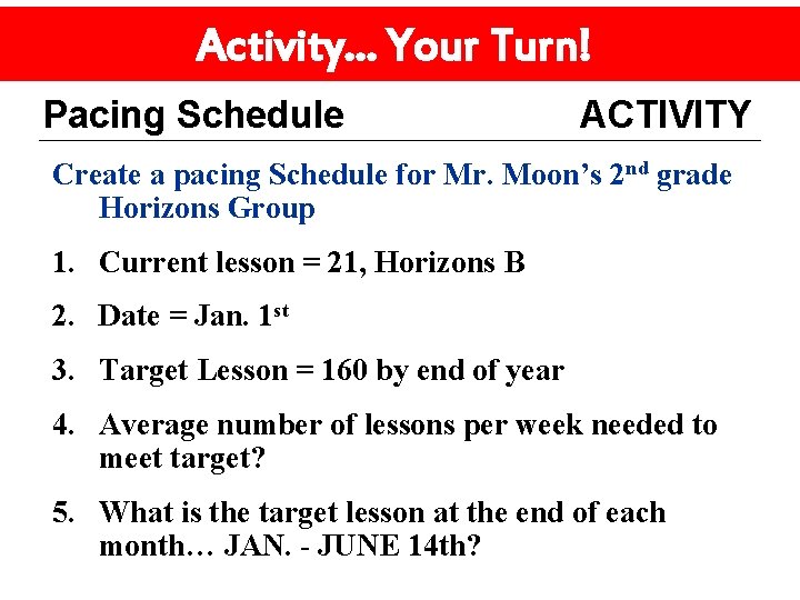 Activity… Your Turn! Pacing Schedule ACTIVITY Create a pacing Schedule for Mr. Moon’s 2