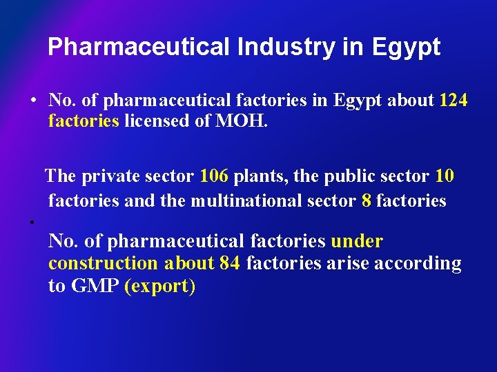 Pharmaceutical Industry in Egypt • No. of pharmaceutical factories in Egypt about 124 factories