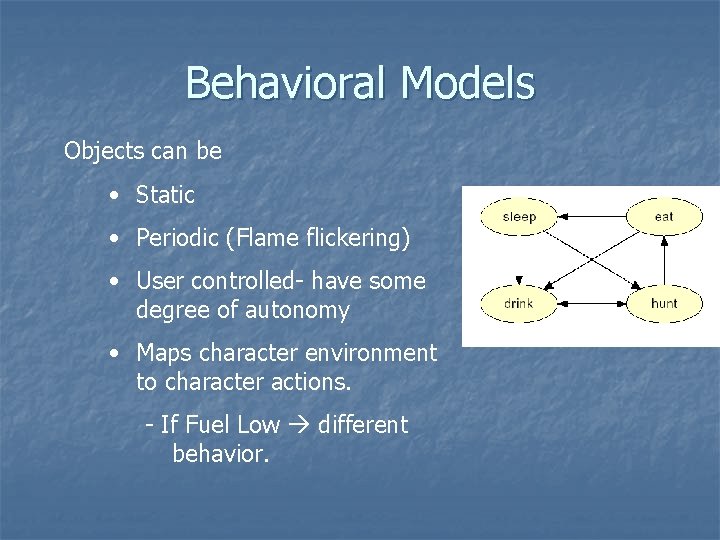 Behavioral Models Objects can be • Static • Periodic (Flame flickering) • User controlled-