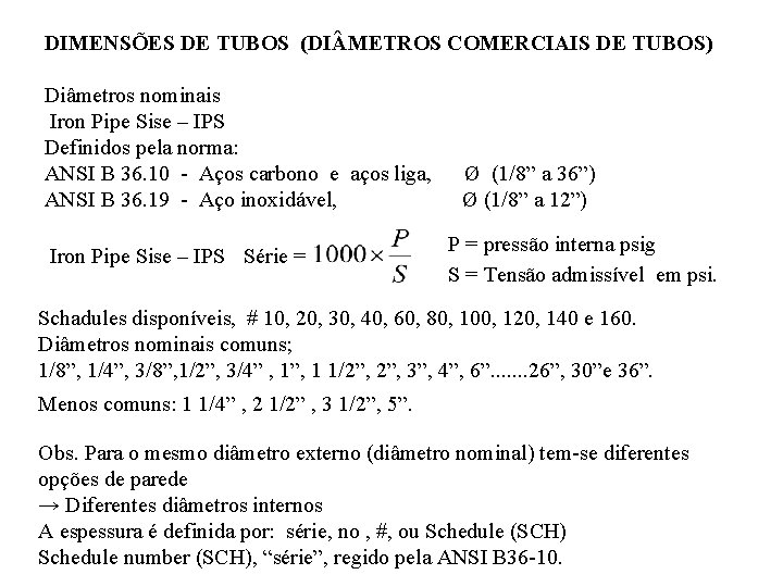 DIMENSÕES DE TUBOS (DI METROS COMERCIAIS DE TUBOS) Diâmetros nominais Iron Pipe Sise –