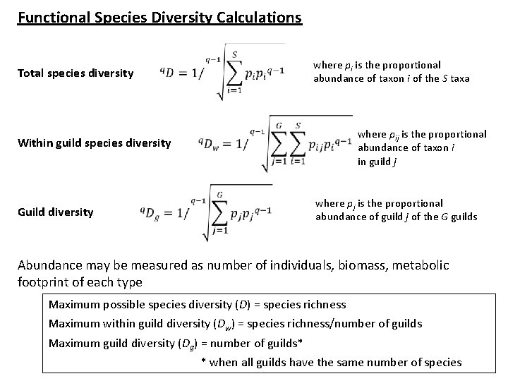 Functional Species Diversity Calculations where pi is the proportional abundance of taxon i of