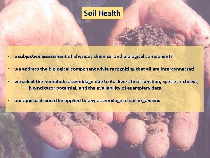 Soil Health • a subjective assessment of physical, chemical and biological components • we