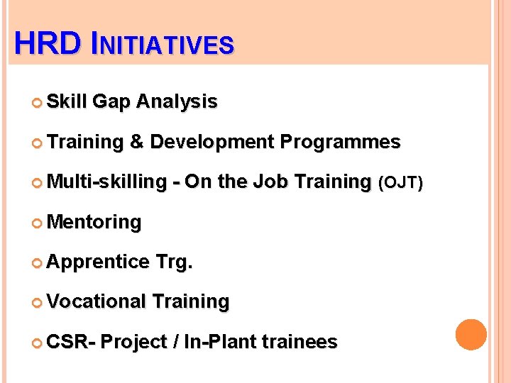 HRD INITIATIVES Skill Gap Analysis Training & Development Programmes Multi-skilling - On the Job