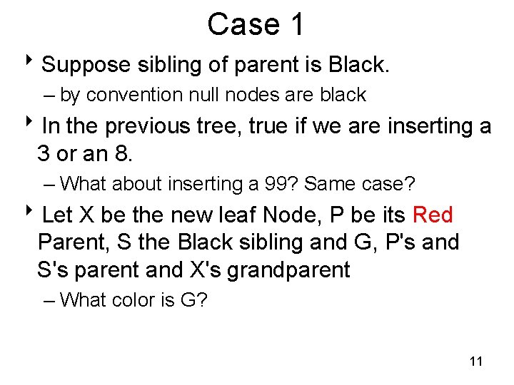 Case 1 8 Suppose sibling of parent is Black. – by convention null nodes Case 1 8 Suppose sibling of parent is Black. – by convention null nodes