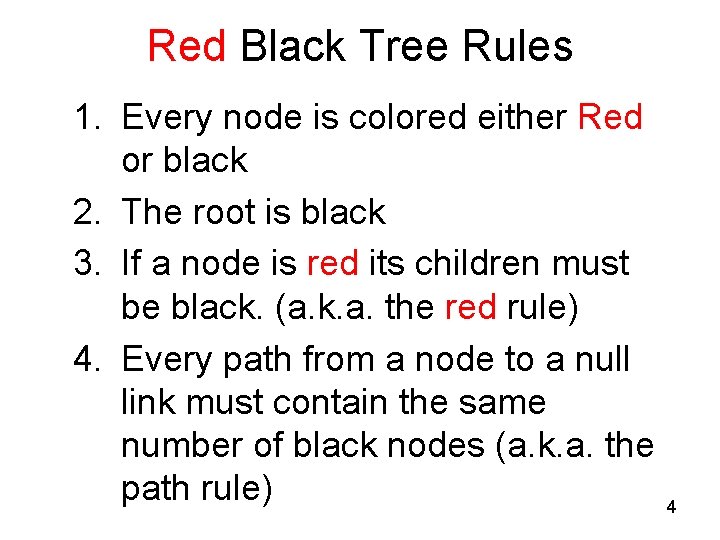 Red Black Tree Rules 1. Every node is colored either Red or black 2.