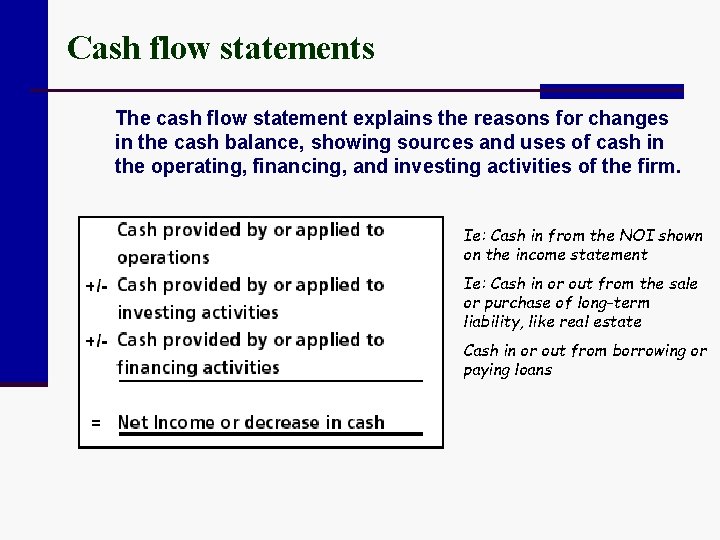 Cash flow statements The cash flow statement explains the reasons for changes in the