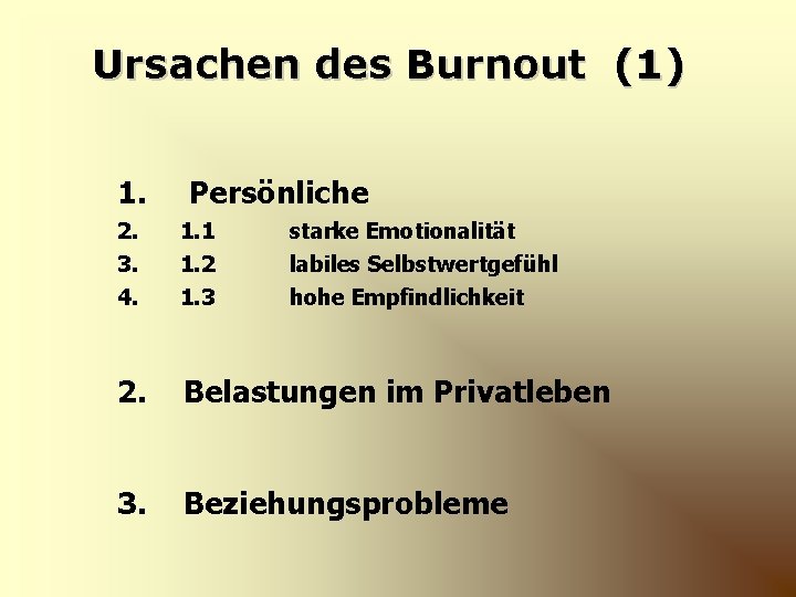 Ursachen des Burnout (1) 1. Persönliche 2. 3. 4. 1. 1 1. 2 1.