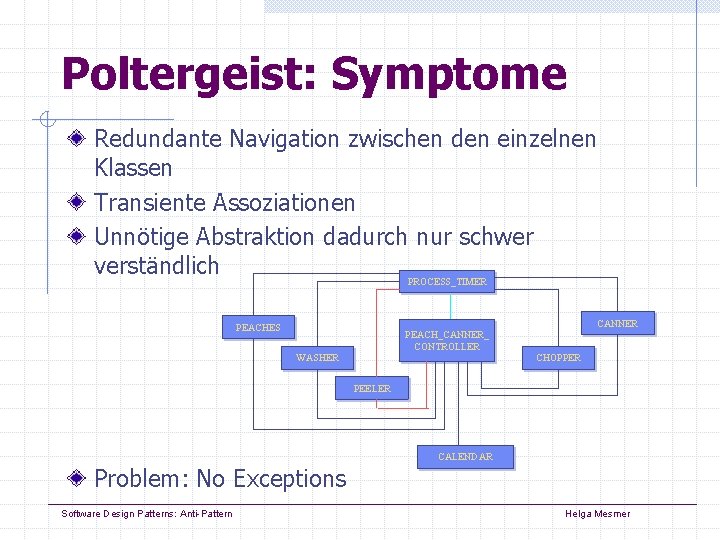 Poltergeist: Symptome Redundante Navigation zwischen den einzelnen Klassen Transiente Assoziationen Unnötige Abstraktion dadurch nur Poltergeist: Symptome Redundante Navigation zwischen den einzelnen Klassen Transiente Assoziationen Unnötige Abstraktion dadurch nur