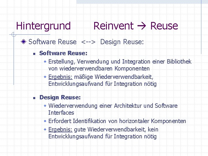Hintergrund Reinvent Reuse Software Reuse <--> Design Reuse: n n Software Reuse: w Erstellung, Hintergrund Reinvent Reuse Software Reuse <--> Design Reuse: n n Software Reuse: w Erstellung,