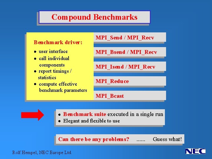 Compound Benchmarks Benchmark driver: · user interface · call individual components · report timings
