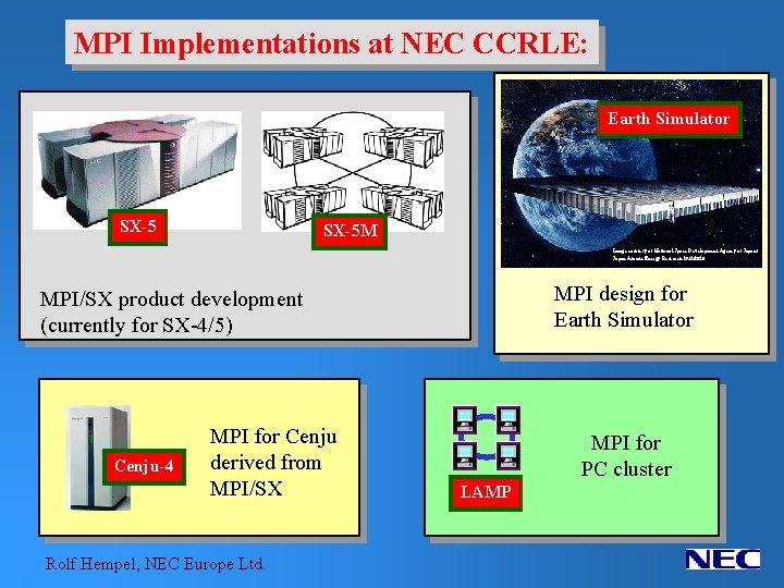 MPI Implementations at NEC CCRLE: Earth Simulator SX-5 M Image courtesy of National Space