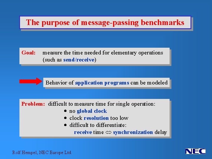 The purpose of message-passing benchmarks Goal: measure the time needed for elementary operations (such