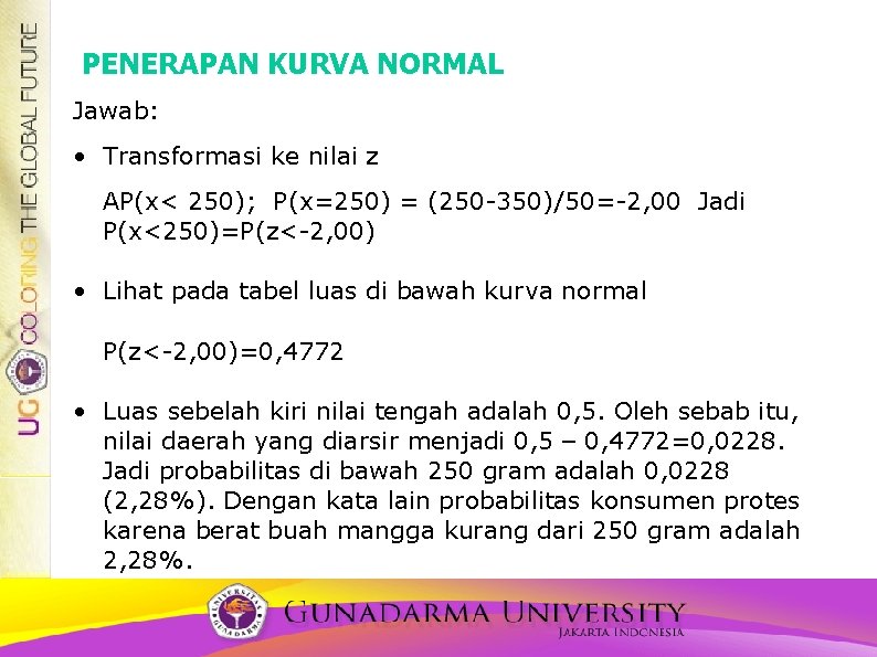 PENERAPAN KURVA NORMAL Jawab: • Transformasi ke nilai z AP(x< 250); P(x=250) = (250