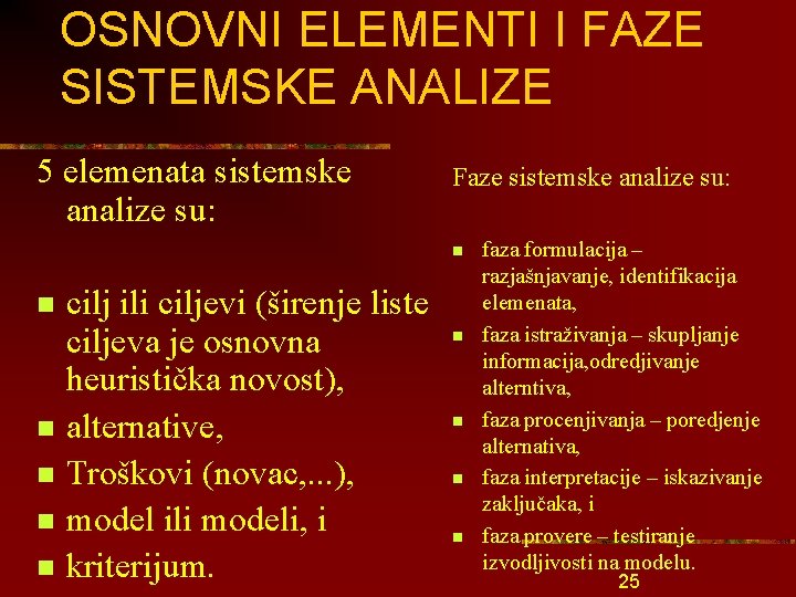 OSNOVNI ELEMENTI I FAZE SISTEMSKE ANALIZE 5 elemenata sistemske analize su: Faze sistemske analize