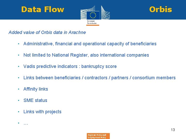 Data Flow Orbis Added value of Orbis data in Arachne • Administrative, financial and
