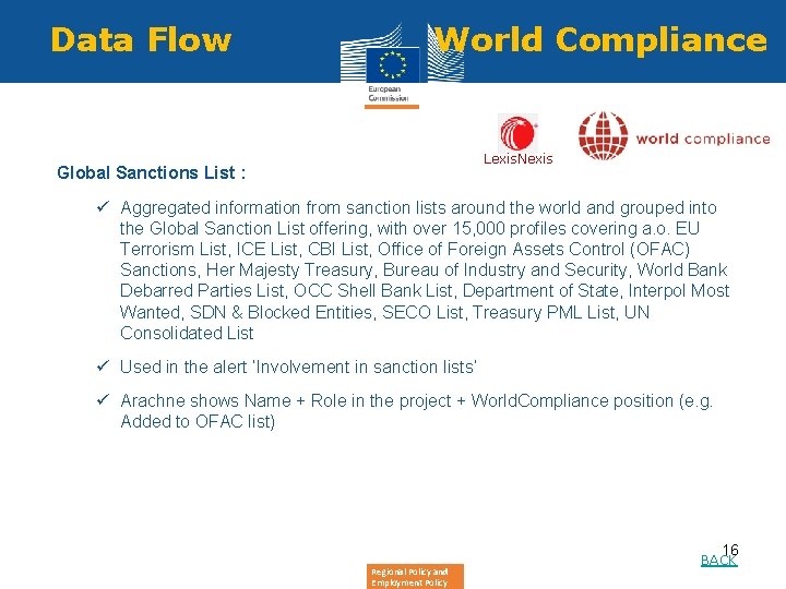 Data Flow World Compliance Lexis. Nexis Global Sanctions List : ü Aggregated information from