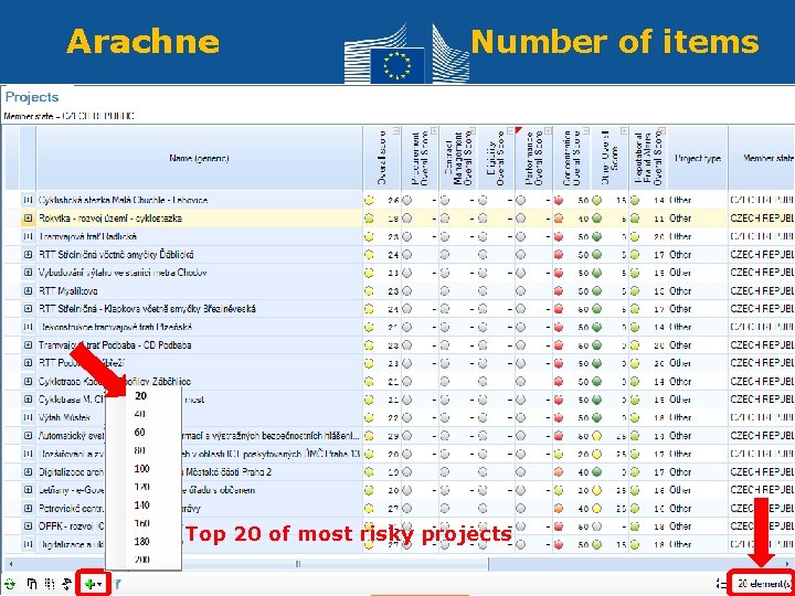 Arachne Number of items Top 20 of most risky projects Regional Policy and Employment
