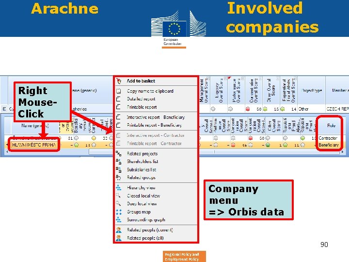 Arachne Involved companies Right Mouse- Click Company menu => Orbis data 90 Regional Policy