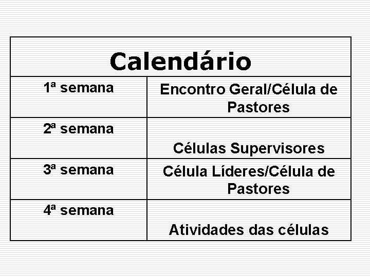 Calendário 1ª semana Encontro Geral/Célula de Pastores 2ª semana Células Supervisores 3ª semana Célula