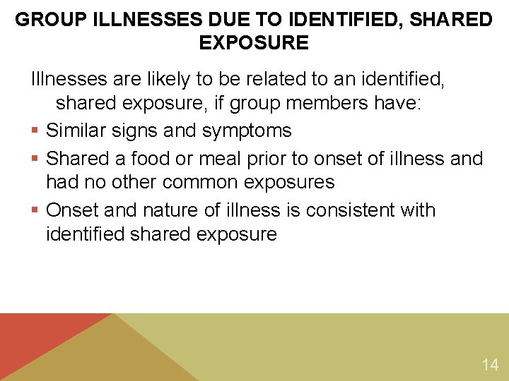 GROUP ILLNESSES DUE TO IDENTIFIED, SHARED EXPOSURE Illnesses are likely to be related to
