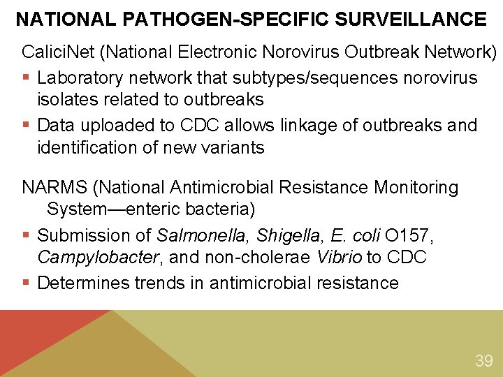 NATIONAL PATHOGEN-SPECIFIC SURVEILLANCE Calici. Net (National Electronic Norovirus Outbreak Network) § Laboratory network that