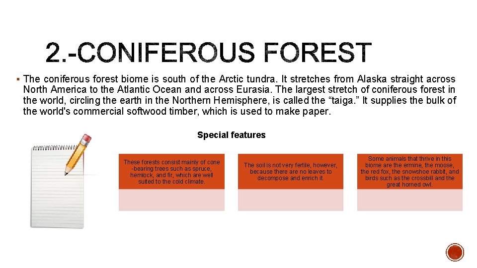 § The coniferous forest biome is south of the Arctic tundra. It stretches from