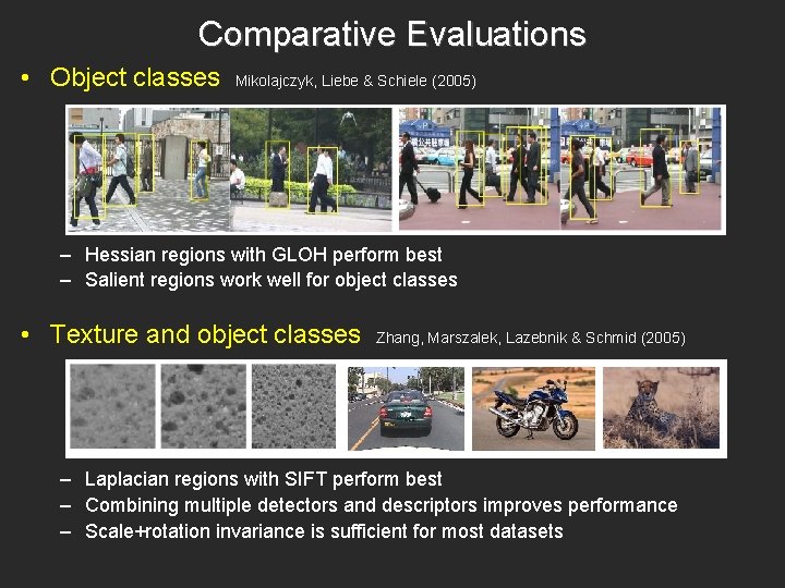 Comparative Evaluations • Object classes Mikolajczyk, Liebe & Schiele (2005) – Hessian regions with