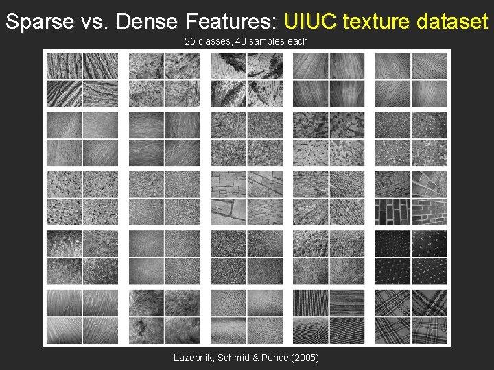 Sparse vs. Dense Features: UIUC texture dataset 25 classes, 40 samples each Lazebnik, Schmid Sparse vs. Dense Features: UIUC texture dataset 25 classes, 40 samples each Lazebnik, Schmid