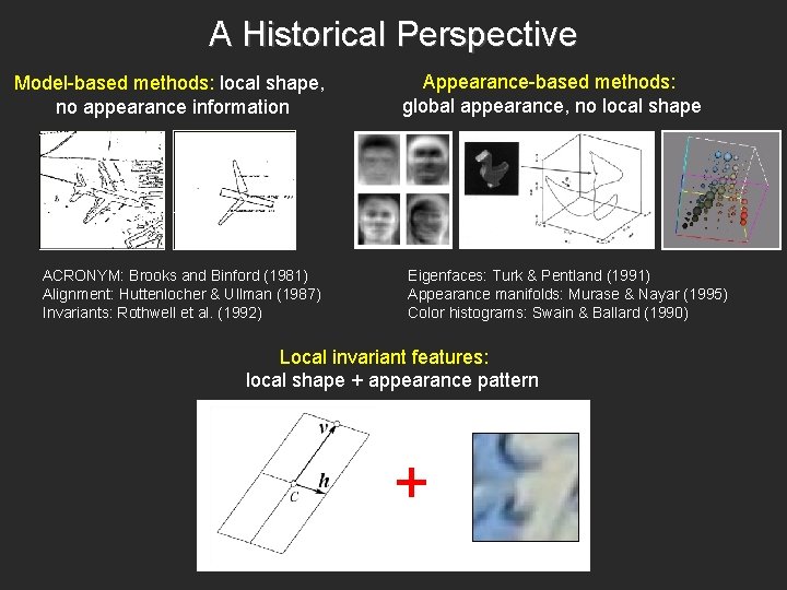 A Historical Perspective Model-based methods: local shape, no appearance information ACRONYM: Brooks and Binford