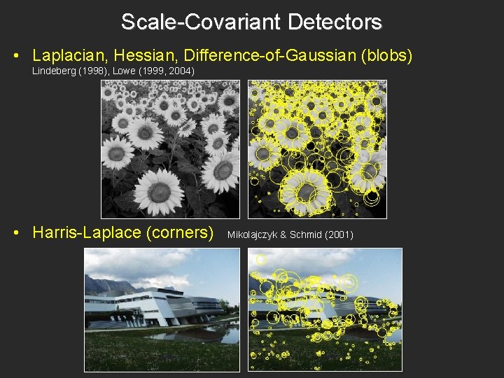 Scale-Covariant Detectors • Laplacian, Hessian, Difference-of-Gaussian (blobs) Lindeberg (1998), Lowe (1999, 2004) • Harris-Laplace